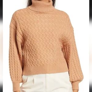 T Tahari Cable Stitch Turtleneck Sweater XS Camel Tan